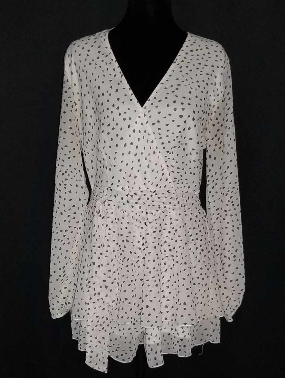 Classic White and Brown Dot Wrap-Style Long Sleeve Dress with Hidden Shorts